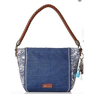 Sackroots Women's Elsa Small Hobo Bag Blue Jute Blend Faux Leather Strap